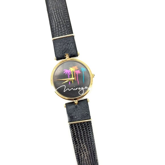 Las Vegas Mirage Vintage Gold Palm Trees Black Leather Band Watch-NOT RUNNING - Picture 1 of 8